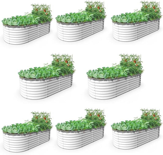 A ANLEOLIFE 6X3X2 ft Galvanized Raised Garden Beds Outdoor-8 Pack, Oval Large Metal Deep Root Planter Box for Planting Vegetables Flowers Herb, Anti-Rust & Easy-Setup, Antique White