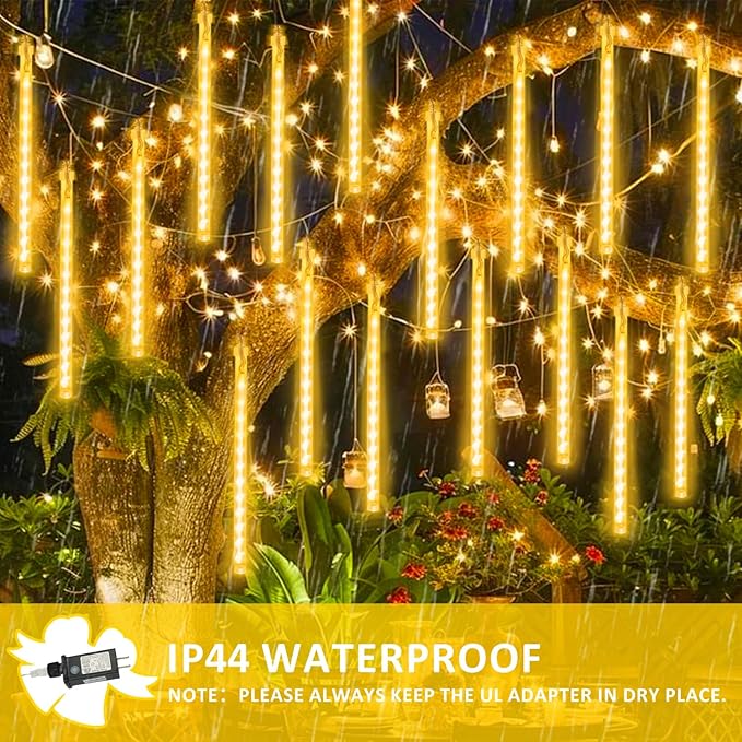 2-Pack Extendable Meteor Shower Christmas Lights Outdoor, 16 Tubes 384 LEDs Waterproof Falling Rain String Lights, Christmas String Lights Outdoor for Tree Patio Garden Holiday Decorations(Warm White)