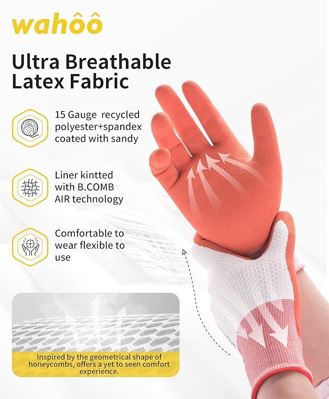 wahoo Gardening Gloves for Women, Garden Gloves with Latex Palm Coated, Breathable B.COMB AIR Technique, Pureed Pumpkin & Azure Blue, Medium, 2 Pairs