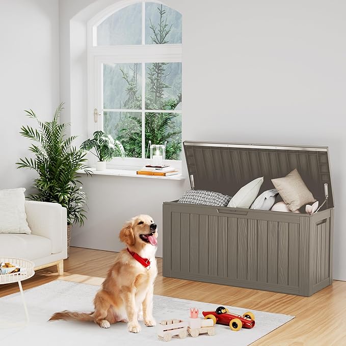80 Gallon Outdoor Storage Box Waterproof Lockable Resin Deck Box Large, Patio Storage Bin for Pool Accessories Cushion Furniture, Garden Tools, UV-Resistant Outside Delivery Grey