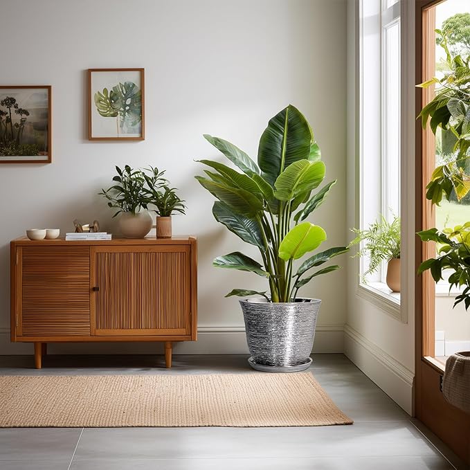 10 Inch Plant Pot - Ceramic Planter with Drainage Hole and Plant Saucer, Round Planter for Indoor Outdoor, Large Modern Decorative Flower Pots, Living Room Decor, Plant Lovers Gifts, Silver