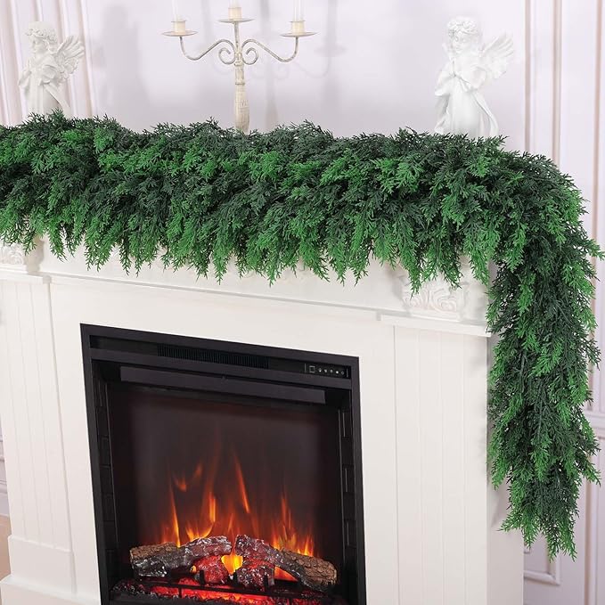 Hananona 9 FT Artificial Cedar Garlands, Real Touch Winter Cedar Garland, Green Artificial Greenery Pine Garland for Table, Mantle, Wall, Indoor, Outdoor Christmas Decorations (1, 9 FT)