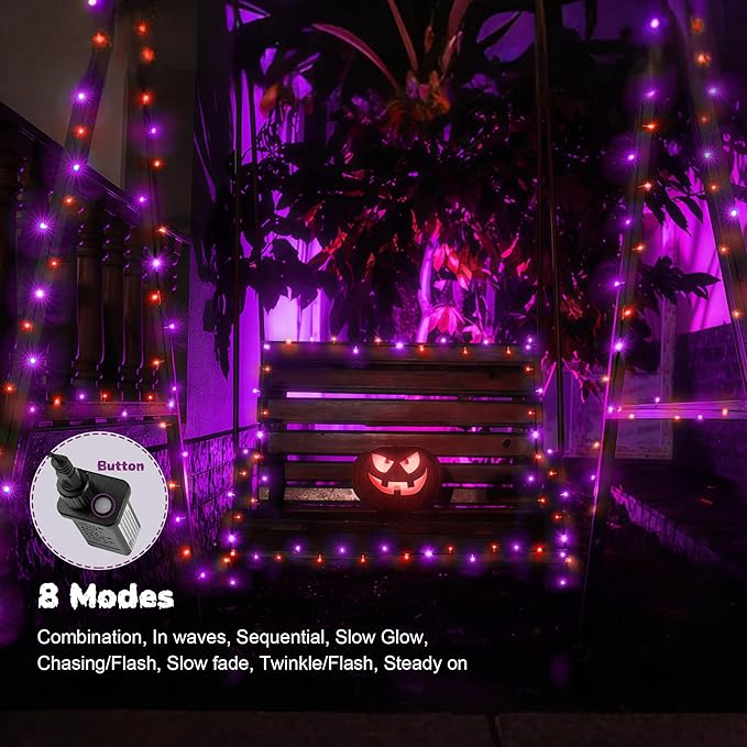 WBao Halloween Lights Orange Purple 300LED 108ft Super Bright String Lights, UL Certified, 8 Lighting Modes, Timer, Connectable, Memory & Waterproof for Indoor Outdoor Halloween Decorations
