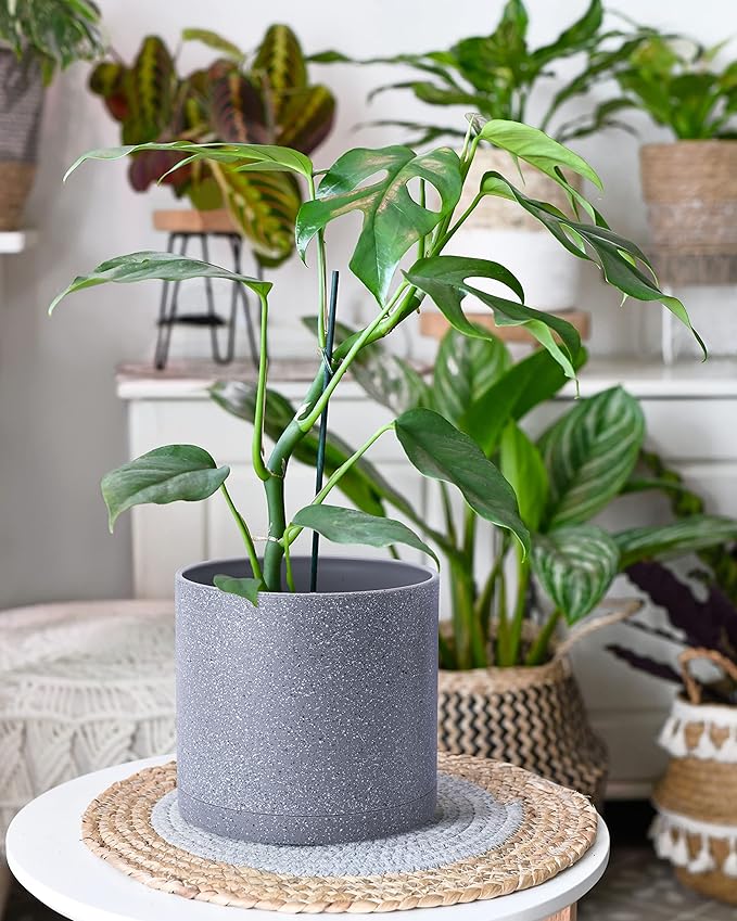 D'vine Dev 8 Inch Plastic Planter Pots for Plant Pot with Drainage Hole and Seamless Saucers, Speckled Gray Color, 74-X-G-1