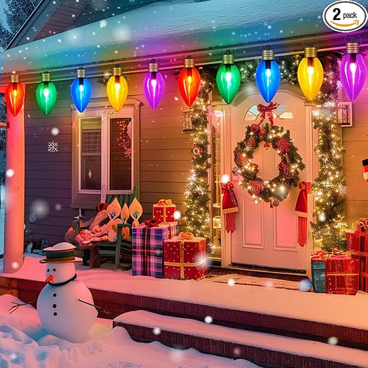 Minetom 2 Pack Super Jumbo Christmas String Lights or Pathway Marker Lights, Outdoor Xmas Decorations, 11Ft 5 LED Jumbo C9 Hanging Light Waterproof Lawn Dec for Holiday Home Tree Roof Yard, Multicolor
