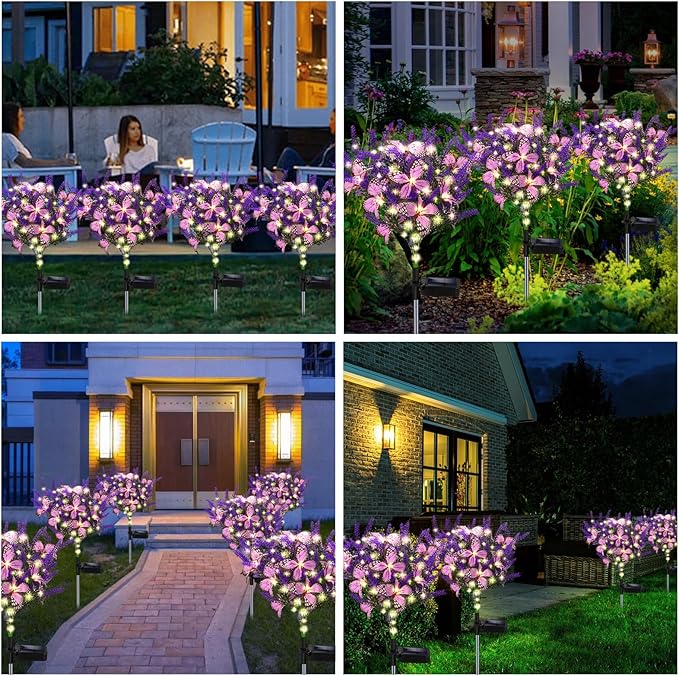 Kohlrabi Solar Garden Lights Outdoor, 6 Pack Solar Butterfly Lights Purple Lavender Gardening Gifts for Women, Artificial Flower with Butterfly Purple Garden Decor for Lawn Patio-Warm White