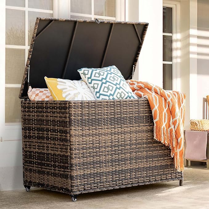 MEISSALIVVE 178 Gallon Outdoor Storage Box, Handle Large Portable Wicker Rattan Deck Box for Patio Furniture Cushions, Patio Deck Box with 2 WheelsThrow Pillows, Garden Tools and Pool Floats (Brown)