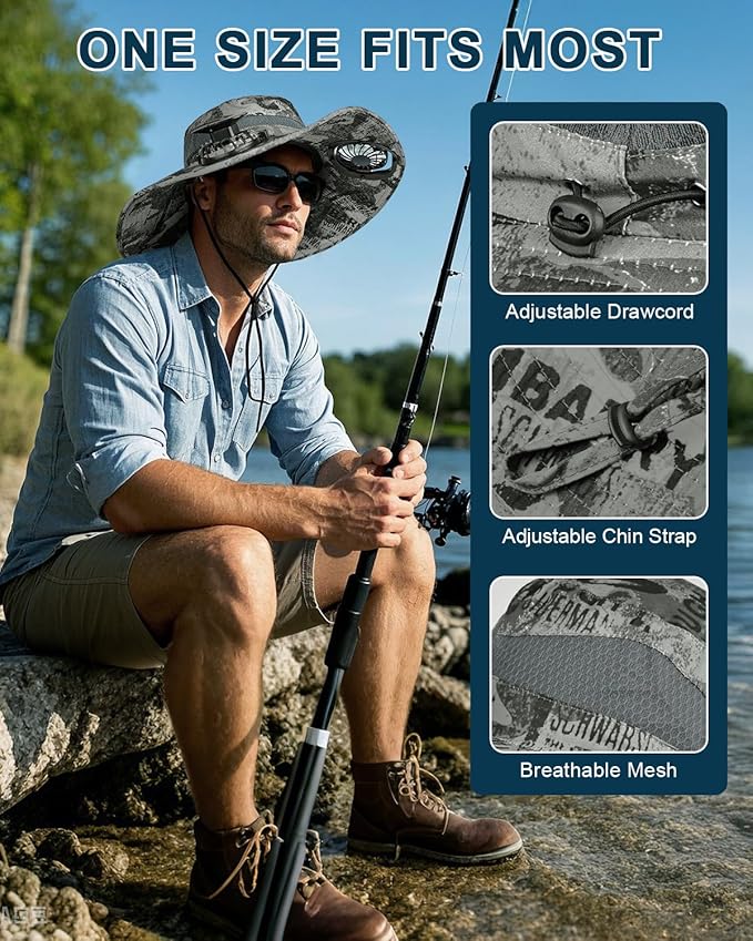 Wide Brim Sun Hat with 2 Solar Fan, Sun Bucket Hat for Men Women, UPF 50+ Bucket Fishing & Beach Hat with Fan