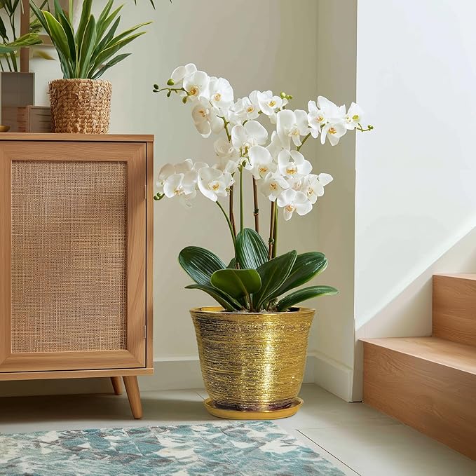 Ceramic Pots for Plants - 12 Inch Planter for Indoor Outdoor, Round Plant Pot with Drainage Hole and Saucer, Decorative Large Planter, Modern Flower Pots, House Decor, Garden Gifts, Gold