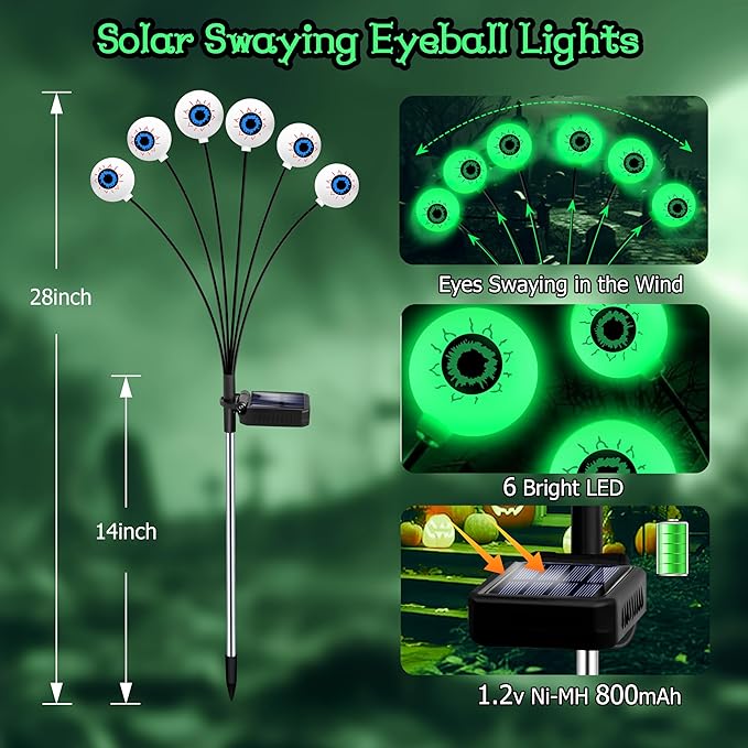 Kohlrabi Halloween Decorations Outdoor, 4 Pack 24 LED Solar Scary Eyeball Swaying Lights, Green Solar Firefly Lights Waterproof Outdoor Garden Light for Halloween Yard Garden Lawn Party Flower Bed