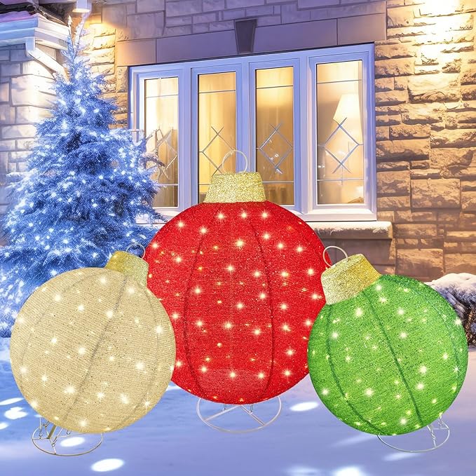 HOYECHI 3pc Lighted Pop-Up Outdoor Christmas Ornament Set – Holiday Ball Decorations with 290 LED Lights, 8 Lighting Modes, for Yard & Outdoor Christmas Decor - Red/Green/Gold