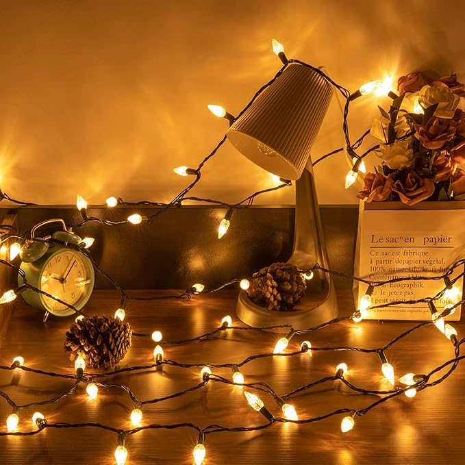 AWQ 100LED 33 FT C6 Christmas String Lights Plug in Fairy Twinkle String Lights 8 Modes Timer Function Waterproof Extendable for Indoor Outdoor Wedding Party Christmas Decoration (100, Warm White)