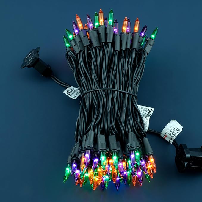 YULETIME 100 Count Orange Green Purple Christmas Lights, 33 Feet Black Wire UL Certified Incandescent-Like LED Mini String Lights