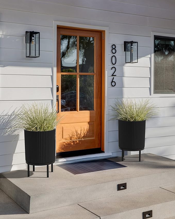 Veradek Demi Series Round Planter w/ Stand for Porch/Patio | Durable Plastic-Concrete & Wooden Stand | Modern Décor for Tall Plants, Flowers