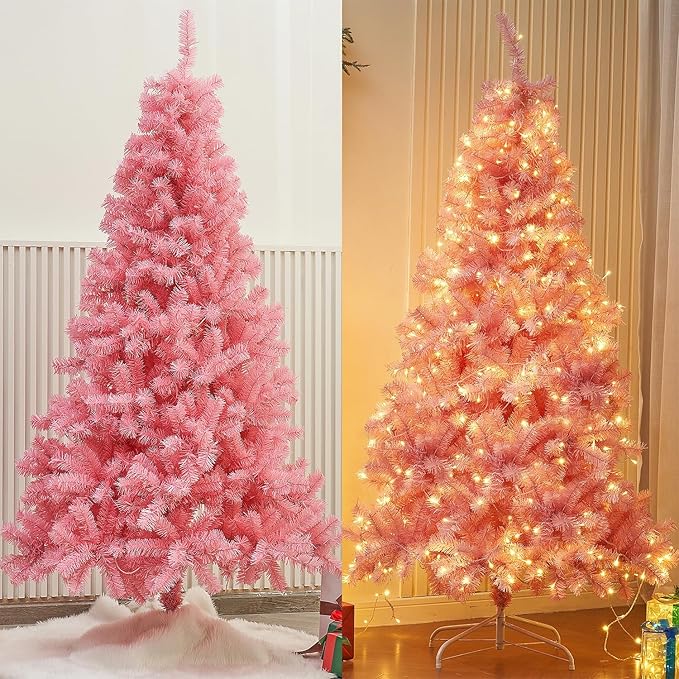 Juegoal 6 FT Artificial Christmas Tree (NOT Pre-Strung) with 300 LED Warm White String Lights, Spruce Hinged Tree, 8 Lighting Modes, Fake Xmas Pine Tree with Metal Legs, 850 Branch Tips, Pink