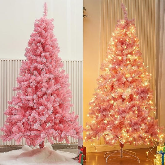 Juegoal 6 FT Artificial Christmas Tree (NOT Pre-Strung) with 300 LED Warm White String Lights, Spruce Hinged Tree, 8 Lighting Modes, Fake Xmas Pine Tree with Metal Legs, 850 Branch Tips, Pink
