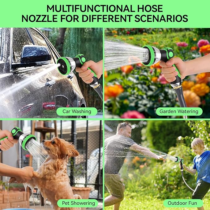 Garden Water Hose Nozzle Metal Heavy Duty Sprayer Thumb Control with 10 Spray Modes Suitable for Watering Plants, Iawn and Garden, Car Washing, Cleaning, Showering Pets and Outdoor Fun, Green