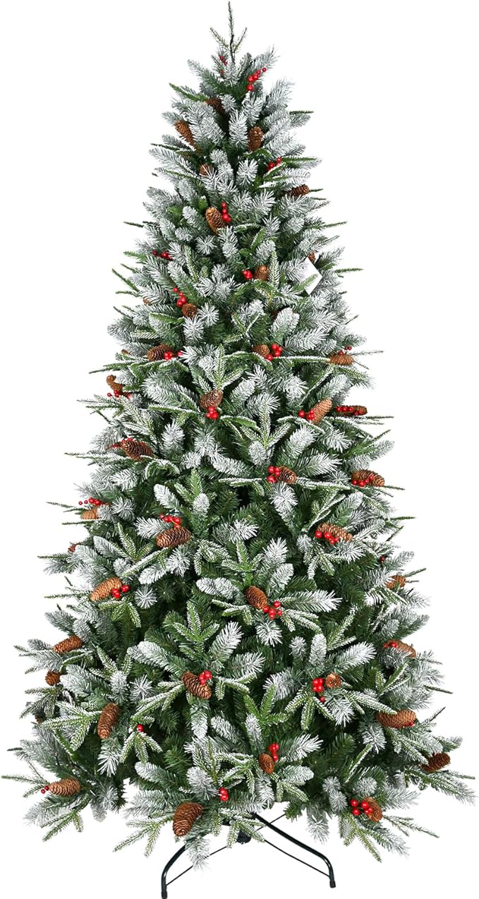 9 Ft Artificial Christmas Tree Pre-Decorated with Snow Flocked PVC&PE Tips, Pine Cones, Red Berries, Unlit Xmas Tree with Metal Stand for Hoilday Office Outdoor Christmas Decoration(Green White)