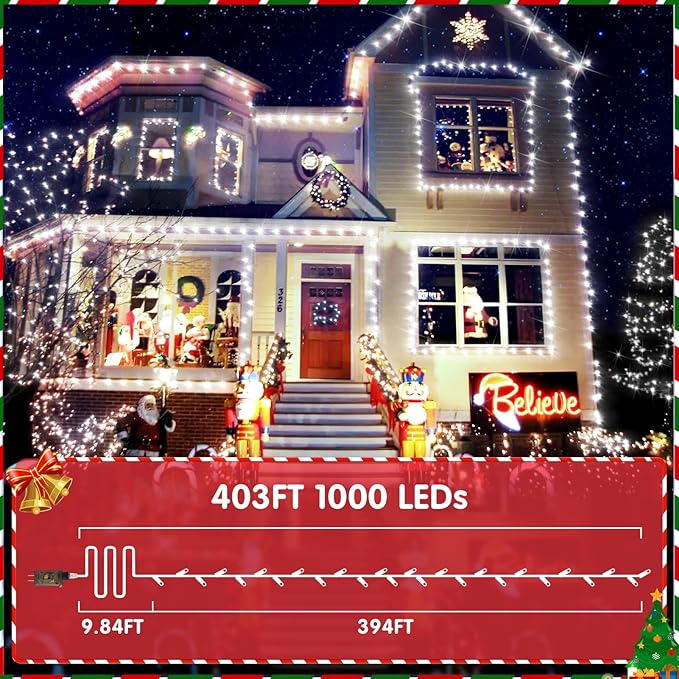 XURISEN 403FT 1000 LED Christmas Lights Outdoor Green Wire String Lights 8 Modes with Timer Memory Waterproof Fairy Light Plug in for Xmas Tree Wedding Yard Party Holiday Decorations(Cool White)