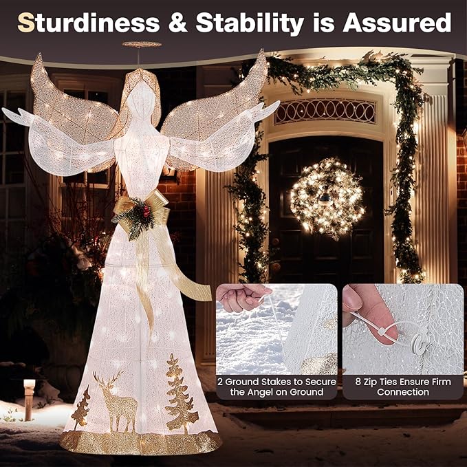 Tangkula 5 FT Lighted Christmas Angel, Outdoor Pre-lit 3D Glittered Angel with 100 Warm White Lights, Halo, Bow, Ground Stakes, Outdoor Christmas Decoration for Lawn Yard Garden