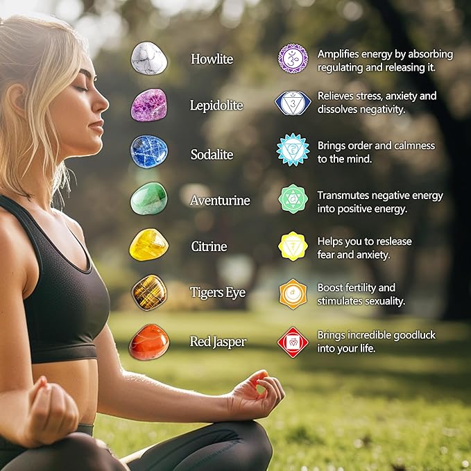 7 Chakra Stone Set, 0.8 Inches Large Size Polished Crystals - Natural Tumbled Gemstones Decorative Rocks for Vase Filler, Aquarium, Fish Tank, Indoor Plants, Indoor Fountain Stones