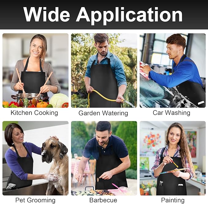 Gotega 2 Pack Aprons for Men Women with Large Pockets, Waterproof Rubber Vinyl Apron 40 Inch Heavy Duty Chef Apron Black Adjustable Work Apron for Dishwashing Kitchen Cooking Drawing