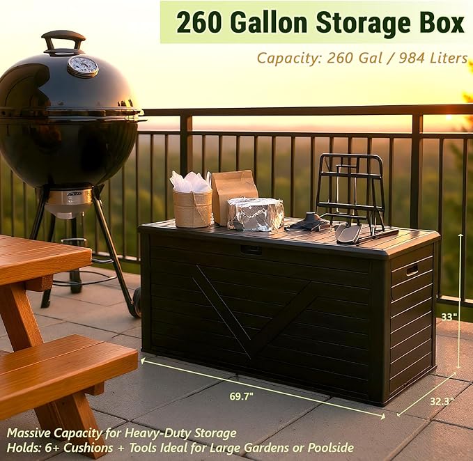Outdoor Storage Box, 260 Gallon Deck Box Outdoor Storage Bench Outside Waterproof Resin Storage Bench, Lockable Patio Cushions, Garden Tools Storage For Furniture, UV Resistant(Black)