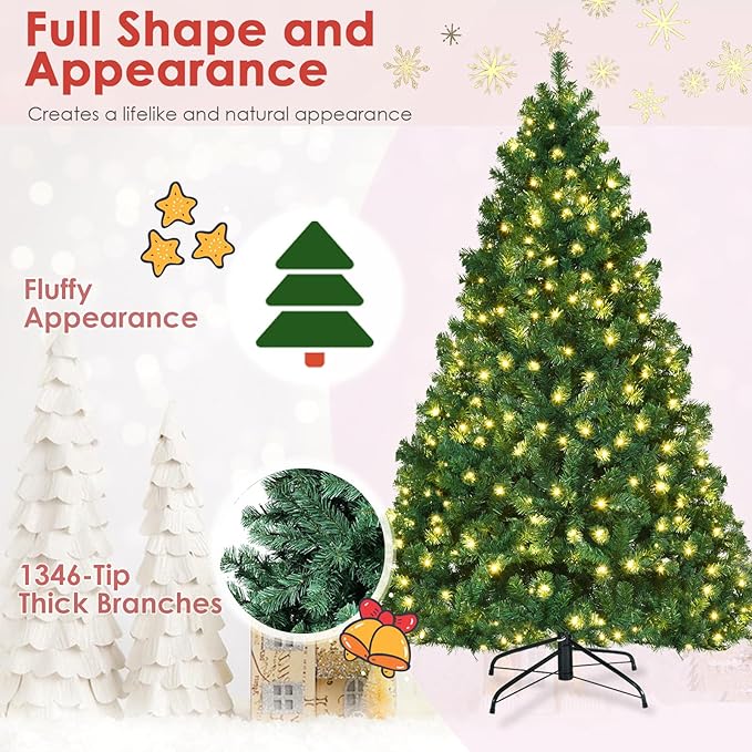 7.5ft Prelit Christmas Tree, Indoor Xmas Tree w/ 1346 PVC Branch, Pre-Strung 400 Warm White LED Lights & Metal Hinge, Artificial Christmas Tree for Home, Holiday, Party Decoration