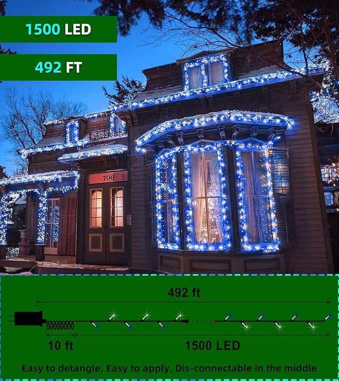 LED String Lights Christmas Decorations,8 Lightsing Modes Christmas Lights with Timer Functions for Tree Indoor Outdoor Decorr 1500 LED 492FT Blue & White