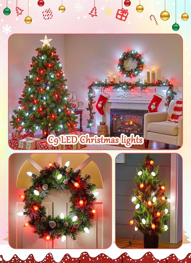 Vintage C9 LED Christmas Lights Outdoor, 100 Feet C9 String Lights with 100 Shatterproof C9 Bulbs, Waterproof Connectable Christmas Tree Lights for Outside Roofline Patio Xmas Decor, Red & Pure White