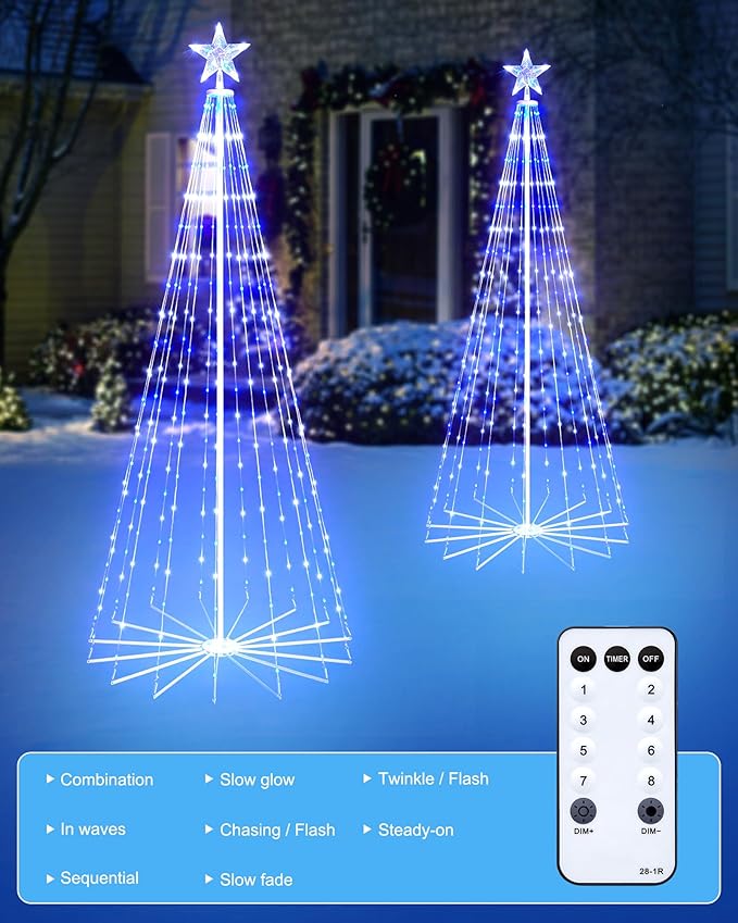 Christmas Cone Tree Light, 7ft 295 LED Light Show Christmas Tree with 8 Modes Timer Remote, Dimmable Artificial Christmas Tree for Porch Yard Patio Indoor Outdoor Xmas Holiday Decor, Blue & White