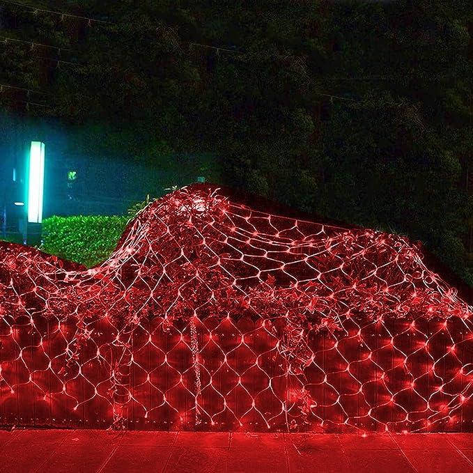 Dazzle Bright Christmas 200 LED Net Lights, 9.8 FT x 6.6 FT Connectable Mesh Lights Clear Wire with 8 Lighting Modes, Christmas Decorations for Indoor Outdoor Bush Yard Garden Decor (Red)
