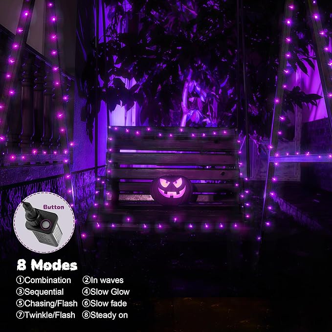 WBao Halloween Lights 300LED 108ft, Super Bright LED String Lights with UL Certified, 8 Lighting Modes, Timer, Connectable, Memory & Waterproof for Indoor Outdoor Halloween Decorations, Purple