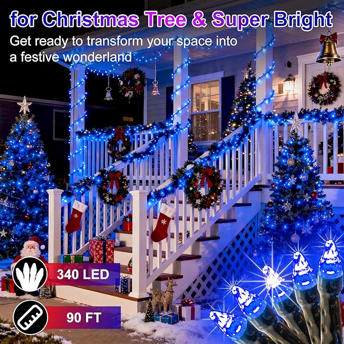 340 LED 90FT Christmas String Lights Outdoor, 12 Pro Modes and Timer Memory & Brightness, Plug in Outdoor Waterproof Green Wire Twinkle Light for for Xmas Yard Tree Wedding Party Decor (Blue)