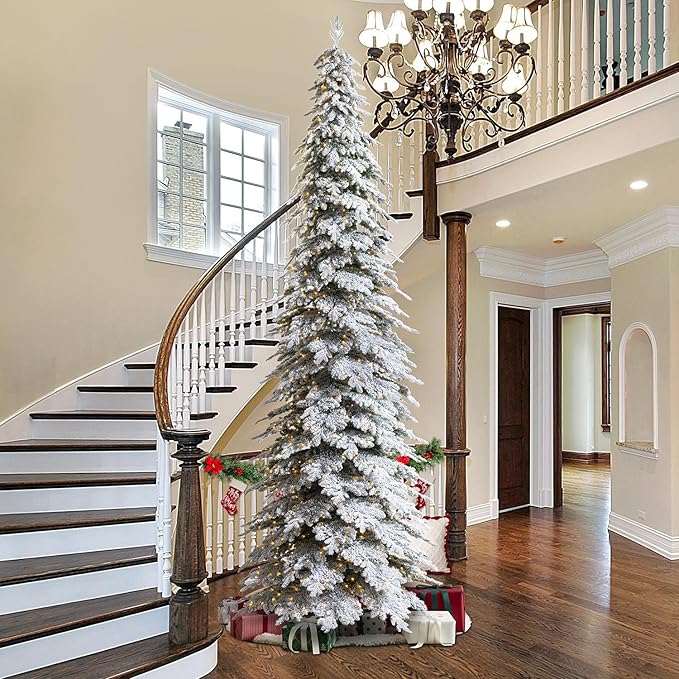 Glitzhome 15ft Prelit Christmas Tree, Artificial Christmas Tree with 1400 Warm White Lights, Flocked Pencil Tree Chicago Frostwood Spruce w/4335 PE&PVC Branch Tips and Sturdy Metal Stand, Simple Setup
