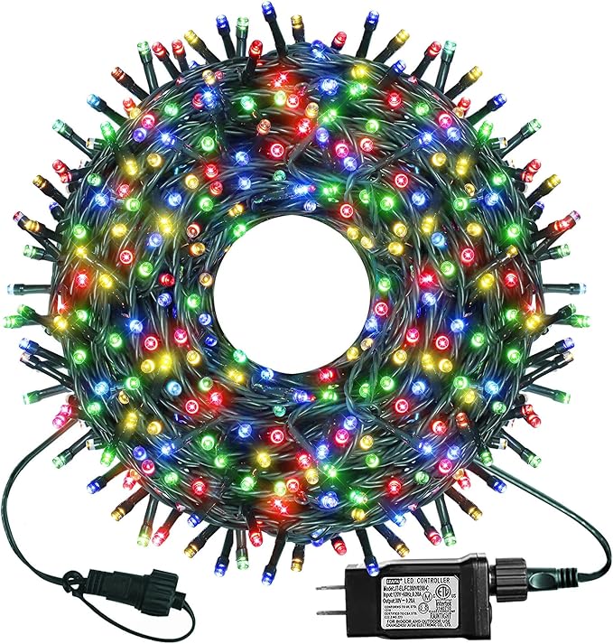 kemooie 300 LED Christmas Lights, 99FT Connective Green Wire Fairy Lights, Plug in 8 Lighting Modes, for Outdoor Christmas Tree Lights Wedding Party Decoration (Multicolor)