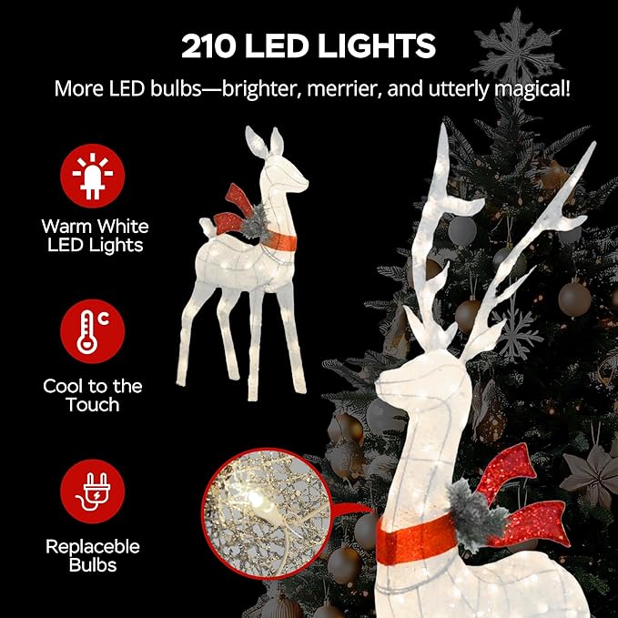 Outdoor Lighted Deer Family Decor 3-Piece Set, 5ft Large Reindeer Christmas Holiday Lights with 210 Warm White LEDs, 3D Design, Cotton Twine & Iron, Perfect for Lawn, Yard, Garden, Party