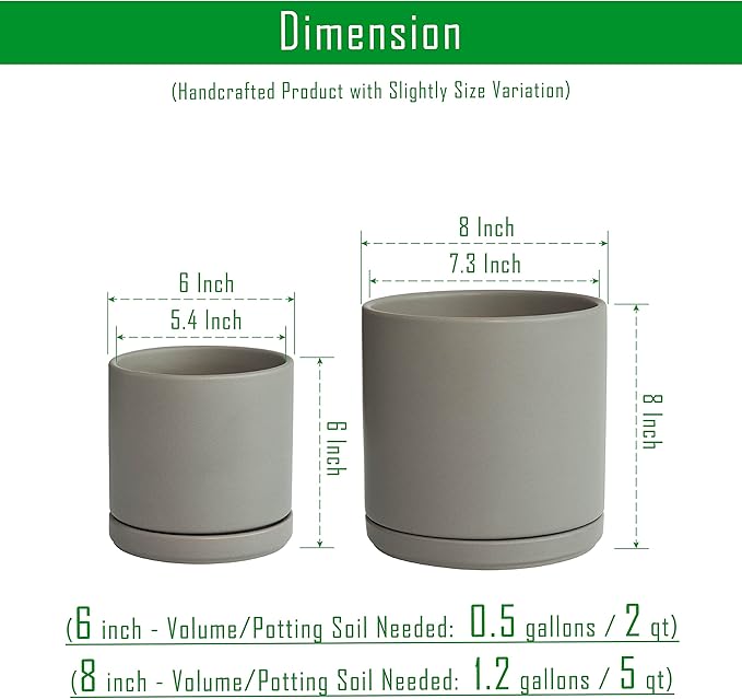 D'vine Dev 6 Inch & 8 Inch Ceramic Planter Pots for Plants with Drainage Hole and Saucer, Medium Plant Pots Set, Grey, 94-G-M-3