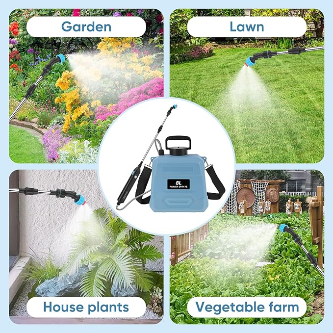 BlumWay Battery Powered Sprayer 2 Gallon,Powerful Electric Sprayer with 3 Mist Nozzles, Retractable Wand, Garden Water Spray with Adjustable Shoulder Strap for Lawn,Gardening
