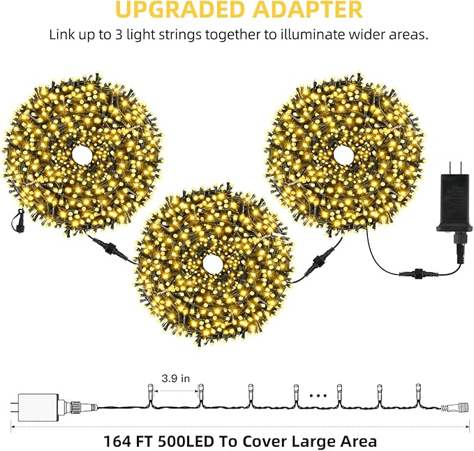 Chuya Christmas Tree Lights String Lights 500 LED 164FT Outdoor Indoor Decoration, Waterproof Warm White Fairy Light Christmas Lights End to End Connectable 8 Lighting Modes UL588