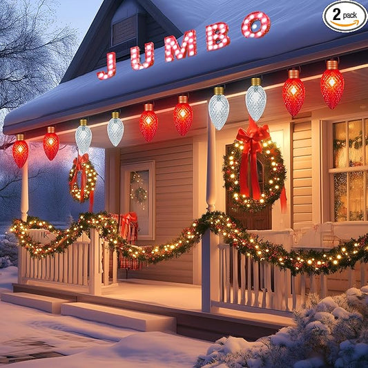 Minetom 2 Pack 11Feet 5 LED Super Jumbo Christmas String Lights or Pathway Marker Lights, Outdoor Xmas Decorations- Jumbo C9 Hanging Lights Waterproof Lawn Dec for Holiday Tree Roof, Red ＆ White