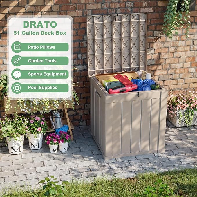 DRATO 50 Gallon Deck Box, Outdoor Storage Box for Patio Cushion, Garden Tools, Waterproof Patio Storage box, Lockable (Light Brown)
