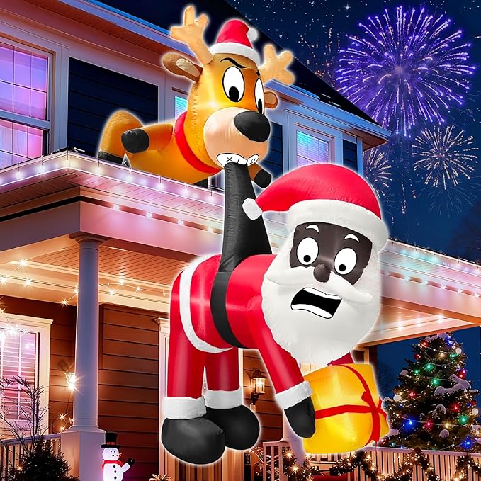 6 Ft Christmas Inflatable Reindeer & Climbing Black Santa Claus, Funny Hanging Outdoor Decoration with Built-in LED Light, Christmas Blow Up Yard Decor for Beam Roof Tree Indoor Home Party Lawn Decor