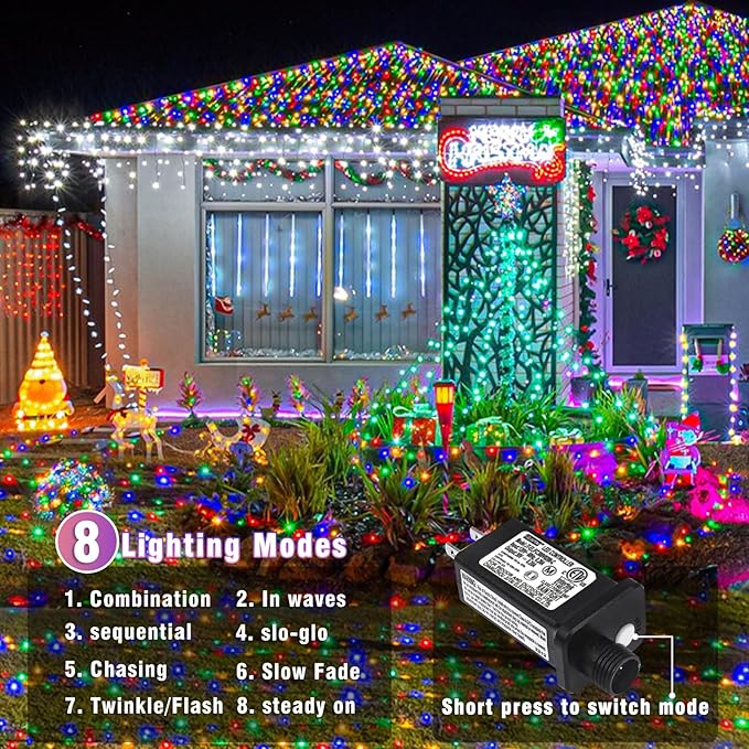 165FT 500 LED Christmas Lights, Plug in Christmas String Lights with Waterproof, 8 Modes Twinkle Fairy Lights for Xmas Garden Tree Holiday Decorations, Multicolor