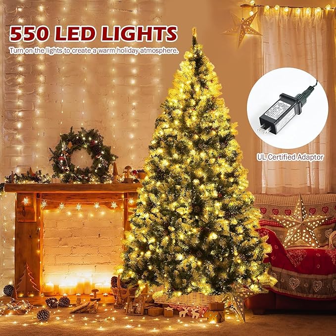 SIMOE 7.5ft Pre-Lit Christmas Tree, Snow Flocked Artificial Xmas Tree w/ 1,398 Hinged Branch Tips, 550 Lights, 8 Lighting Modes, Indoor Holiday Festival Decoration