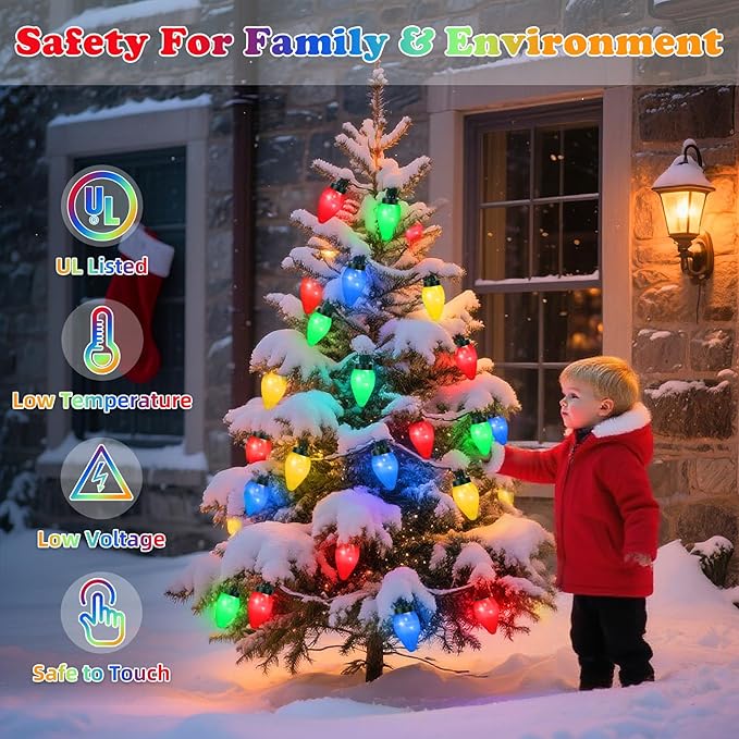 C7 60 LED Battery Operated Christmas Lights,Battery Powered Multicolor Waterproofing Bulbs,21.3 FT 8 Modes with Auto On/Off Time for Xmas Tree Garden Patio Indoor Outdoor Christmas Decorations