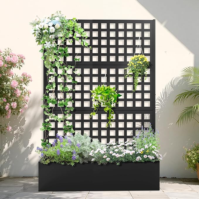 Metal Planter Box with Trellis, Planter Box with Privacy Screen, Privacy Trellis Outdoor for Climbing Plants with Drainage Holes, Raised Garden Bed for Vegetables