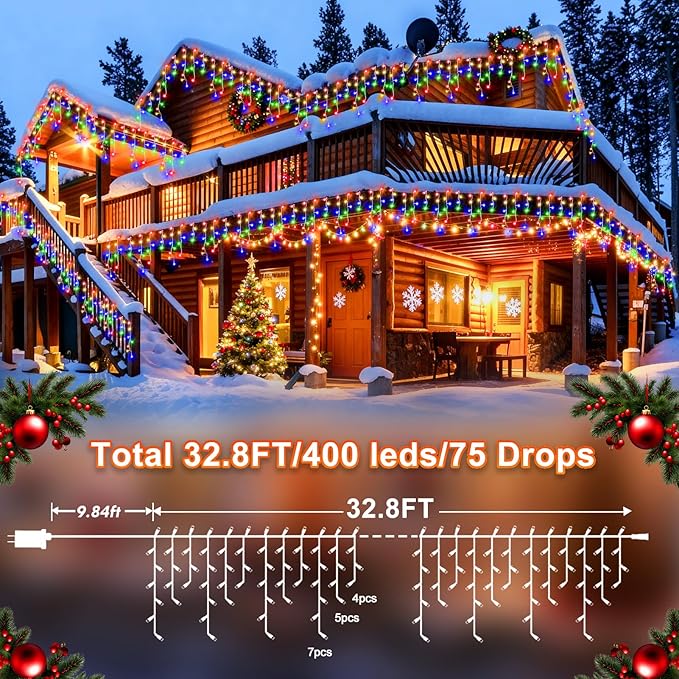 KNONEW Christmas Lights Outdoor Decorations 400 LED 33ft 8 Modes Curtain Fairy String Light with 75 Drops, Clear Wire LED String Light for Wedding Party Holiday Christmas Decorations Multicolor