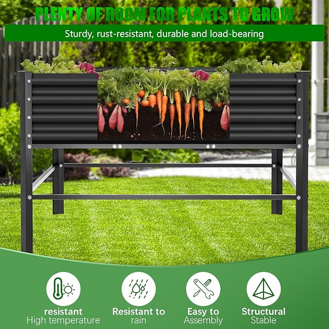 Raised Garden Bed with Legs, 48×48×32in Large Metal Elevated Raised Planter Box,1000lb Capacity with Drainage Holes for Vegetables Lawn Green Flowers, Fruits, Terrace
