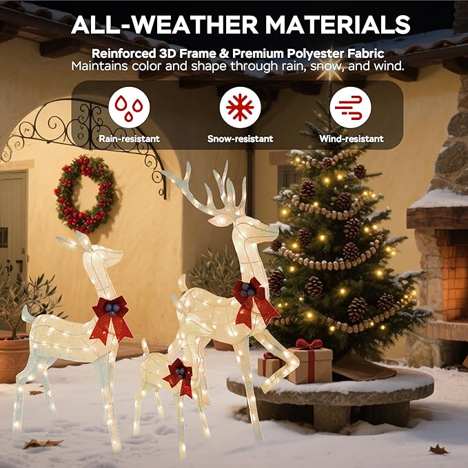 Outdoor Christmas Deer Decor 3-Piece Set, 5 FT Large Reindeer Family (Buck/Doe/Fawn) with 210 Warm White LEDs, Cotton Twine & Iron, Weatherproof Holiday Lights for Yard, Garden, Party, White